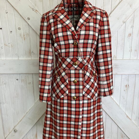 60s Vintage Junior Accent Red White Black Tartan Plaid Mod Jacket Skirt Suit Set - Picture 7 of 15